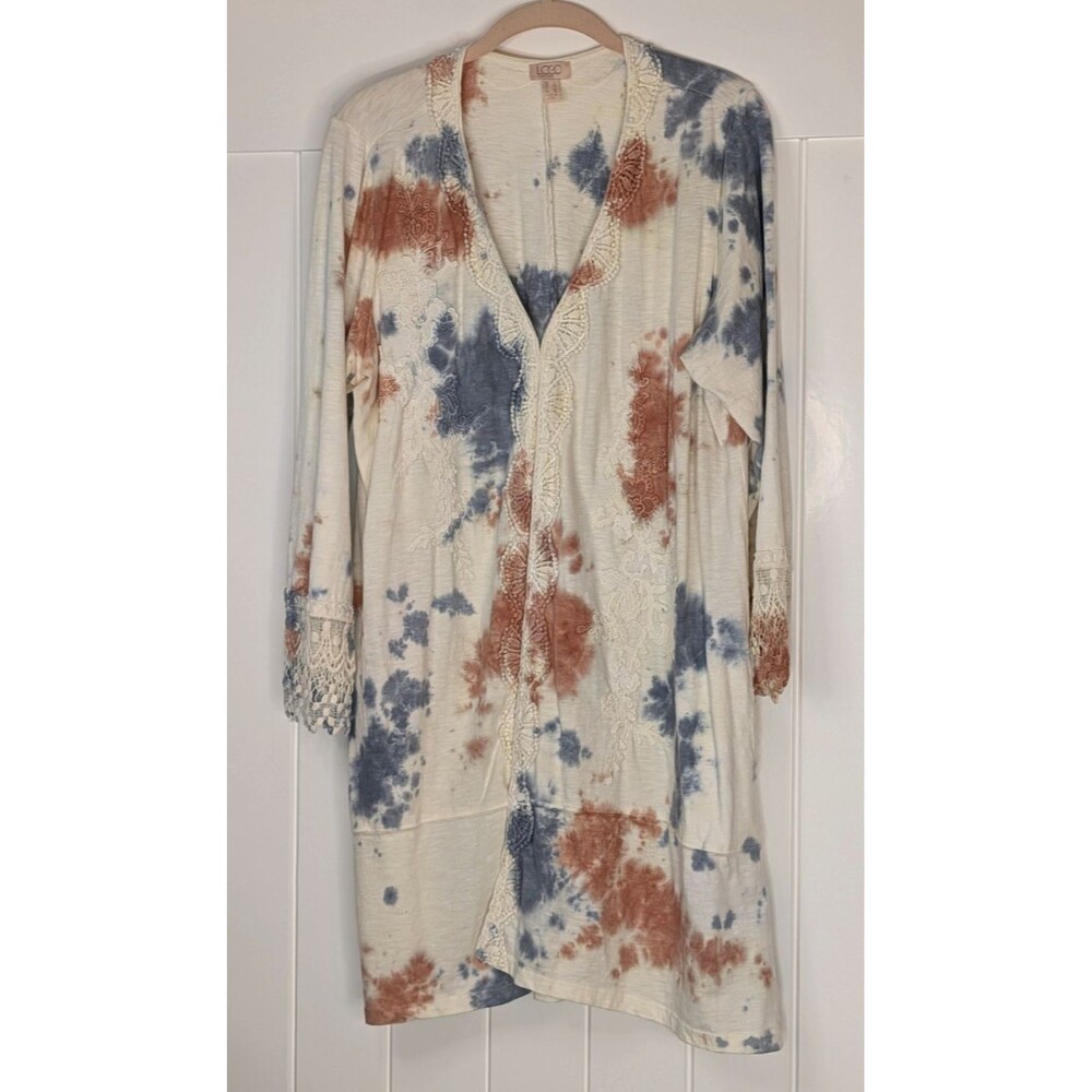 LOGO LAVISH Hand Tie Dyed Duster with Lace and Appliqués - Neutral, Large, EUC